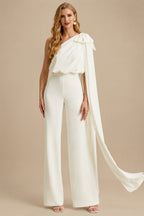 Rutipo Ivory Jumpsuit/Pantsuit One-Shoulder Sleeveless Floor-Length Elastic Satin Wedding Dresses With Bow(s)/Sweeping Side Drape