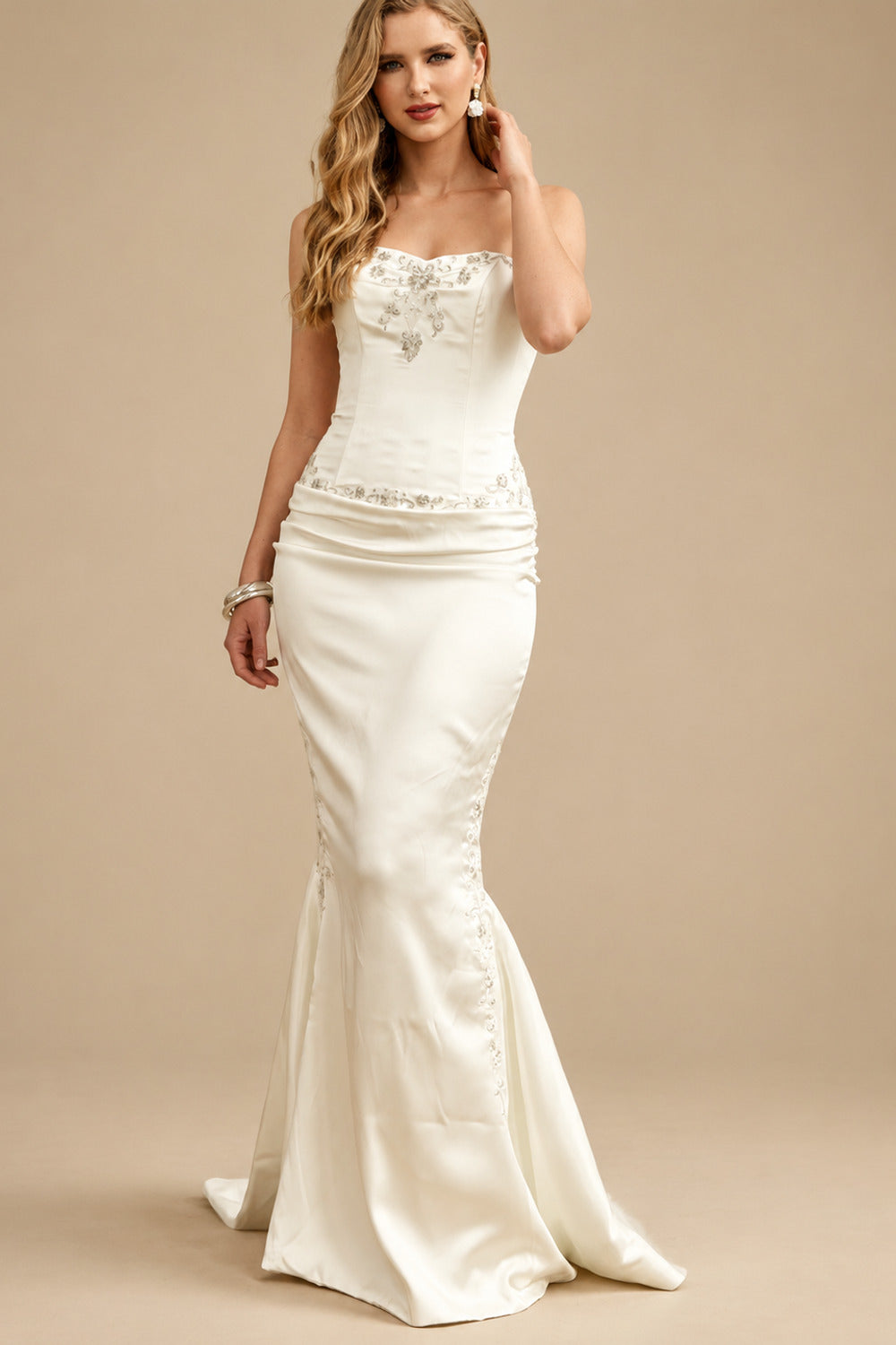 Rutipo Ivory Trumpet/Mermaid Two-Piece Set Strapless Court Train Acetate Satin Wedding Dresses