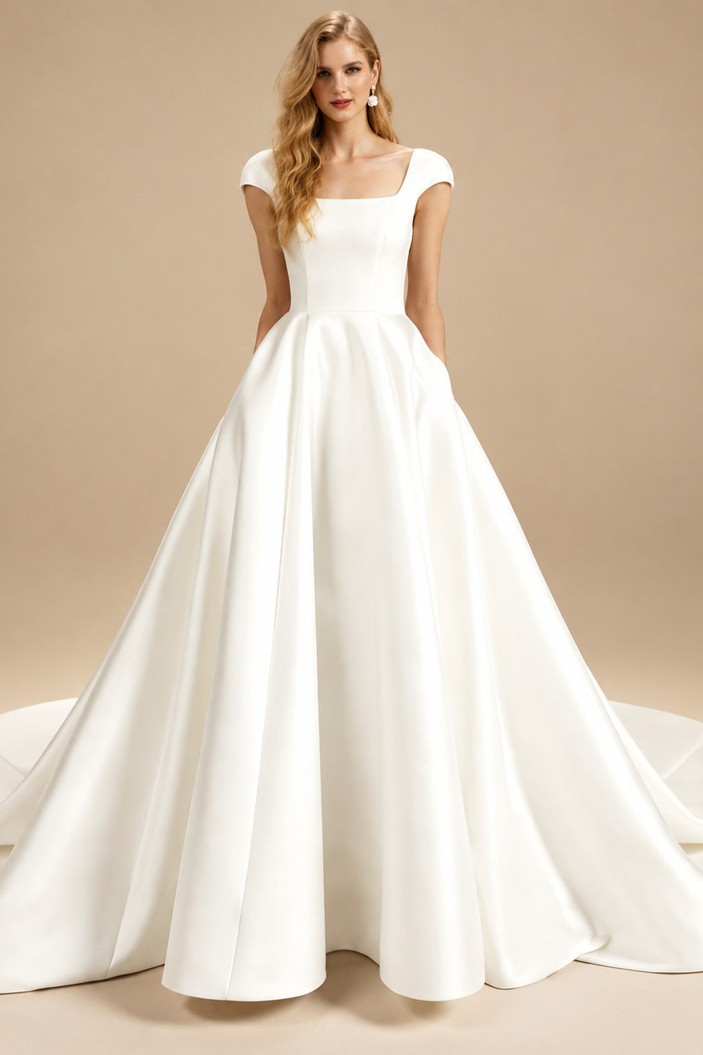 Rutipo Ivory Ball-Gown Square Neckline Short Sleeves Royal Wedding Dresses With Beading