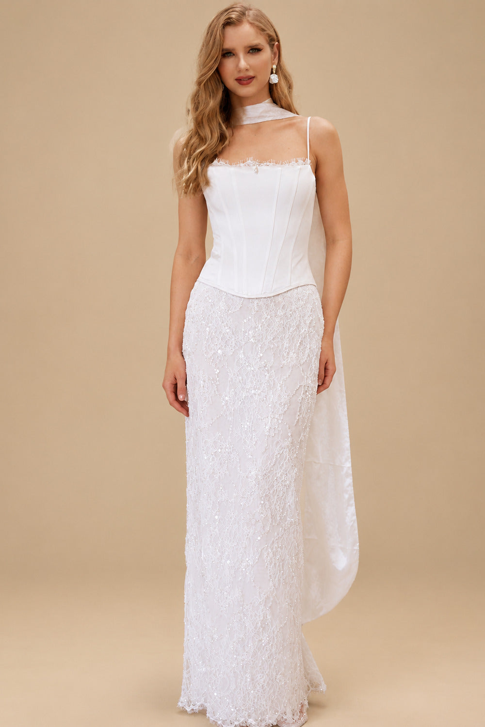 Rutipo White Sheath/Column Sweetheart Sleeveless Floor-Length Lace/Matte Satin Wedding Dress With Appliques Lace