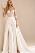 Rutipo Ivory Jumpsuit/Pantsuit Off-The-Shoulder Long Sleeves Court Train Lace/Matte Satin Wedding Dress With Overskirt Dress