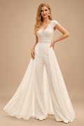 Rutipo Ivory Jumpsuit/Pantsuit Plunge Neck Sleeveless Floor-Length Chiffon Wedding Dresses With Overskirt Dress