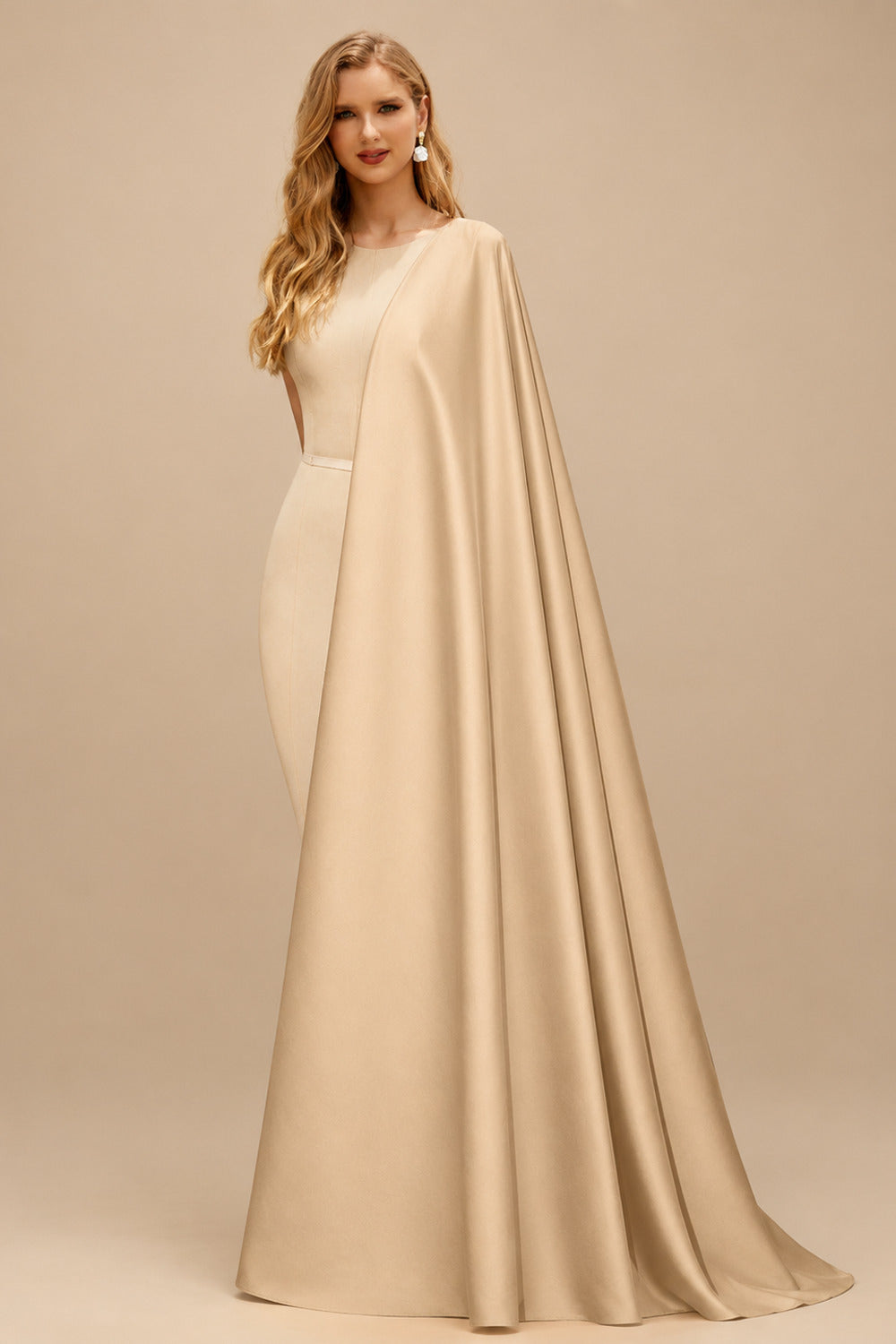 Rutipo Champagne A-Line Off-The-Shoulder Long Sleeves Tea-Length Matte Satin Wedding Dresses With Lace