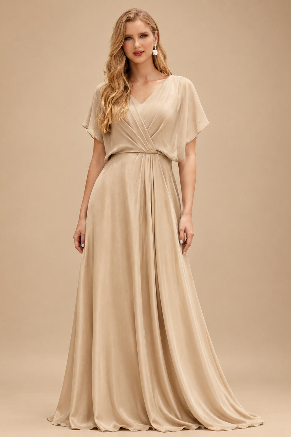 Rutipo Champagne A-Line Off-The-Shoulder Long Sleeves Tea-Length Matte Satin Wedding Dresses With Lace
