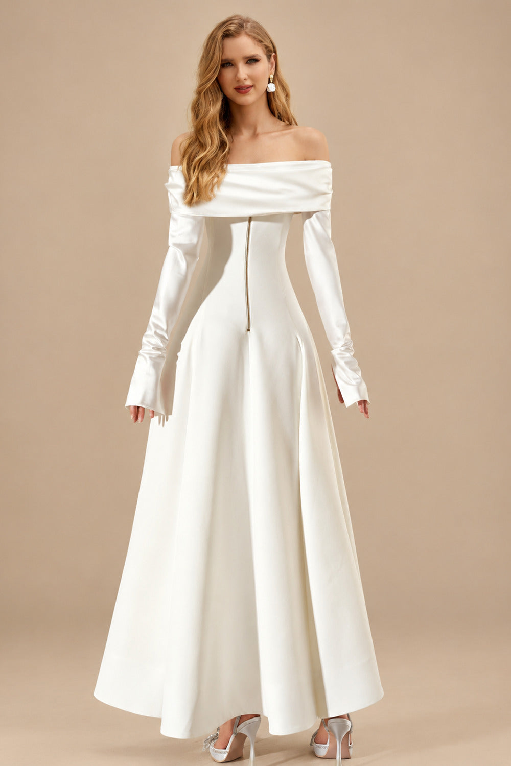 Rutipo Ivory A-Line Off-The-Shoulder Long Sleeves Tea-Length Matte Satin Wedding Dresses With Lace