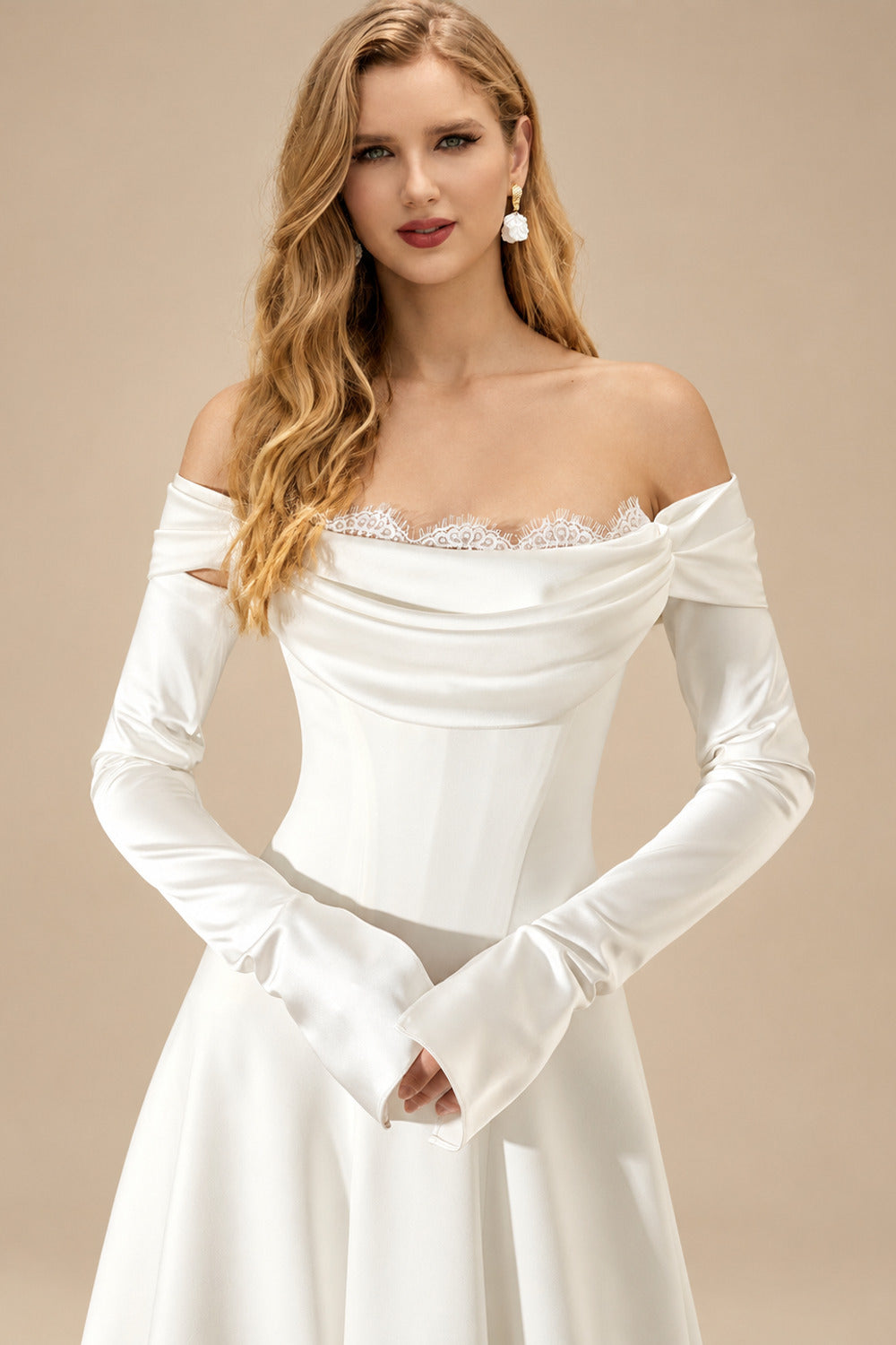 Rutipo Ivory A-Line Off-The-Shoulder Long Sleeves Tea-Length Matte Satin Wedding Dresses With Lace
