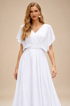 Rutipo White A-Line Off-The-Shoulder Long Sleeves Tea-Length Matte Satin Wedding Dresses With Lace