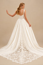 Rutipo Ivory Ball-Gown Square Neckline Sleeveless Chapel Train Lace Wedding Dress With Appliques Lace