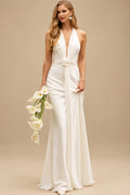 Rutipo Ivory Trumpet/Mermaid Halter/Plunge Neck Sleeveless Cathedral Crepe Satin Wedding Dresses With Flower(s)
