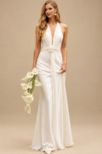 Rutipo Ivory Trumpet/Mermaid Halter/Plunge Neck Sleeveless Cathedral Crepe Satin Wedding Dresses With Flower(s)