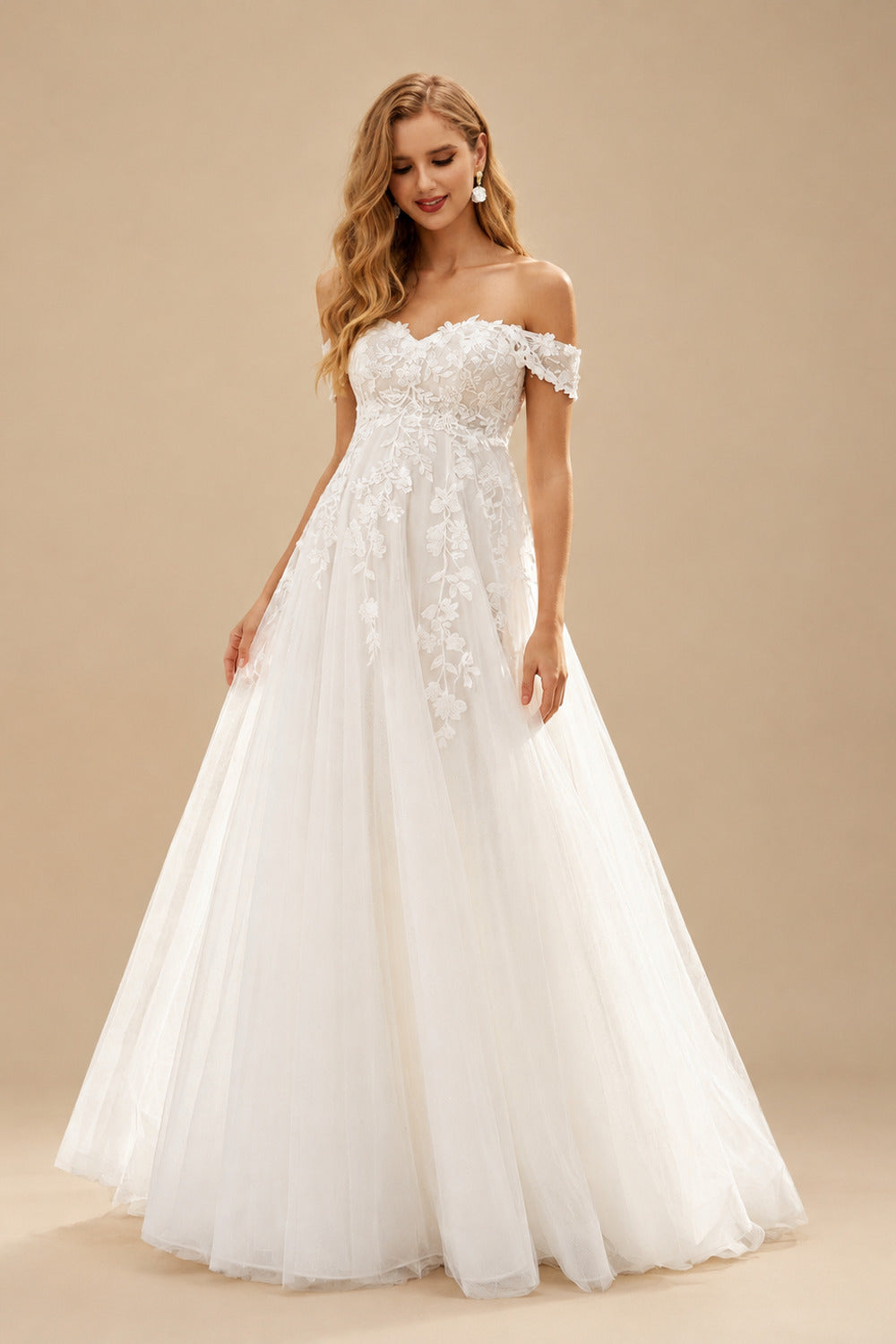 Rutipo Ivory A-Line Off-The-Shoulder Sleeveless Floor-Length Lace/Tulle Maternity Wedding Dresses With Appliques Lace