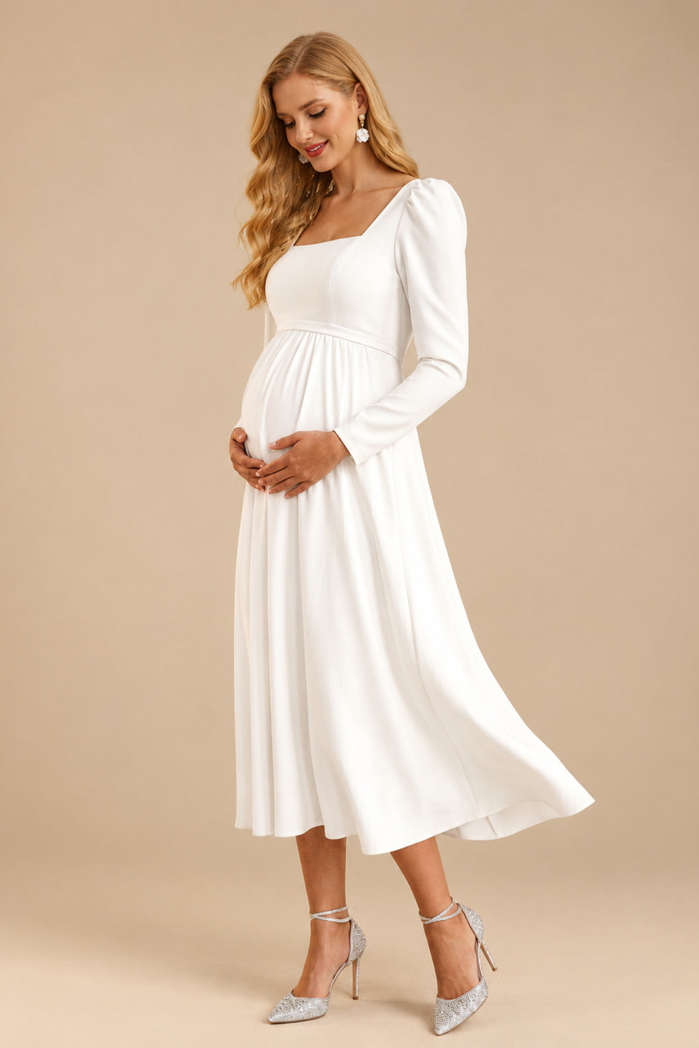 Rutipo Ivory A-Line Square Neckline Long Sleeves Tea-Length Elastic Satin Maternity Wedding Dresses