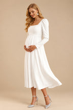 Rutipo Ivory A-Line Square Neckline Long Sleeves Tea-Length Elastic Satin Maternity Wedding Dresses