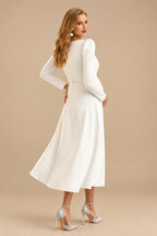 Rutipo Ivory A-Line Square Neckline Long Sleeves Tea-Length Elastic Satin Maternity Wedding Dresses