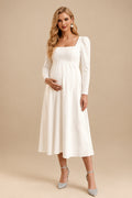 Rutipo Ivory A-Line Square Neckline Long Sleeves Tea-Length Elastic Satin Maternity Wedding Dresses