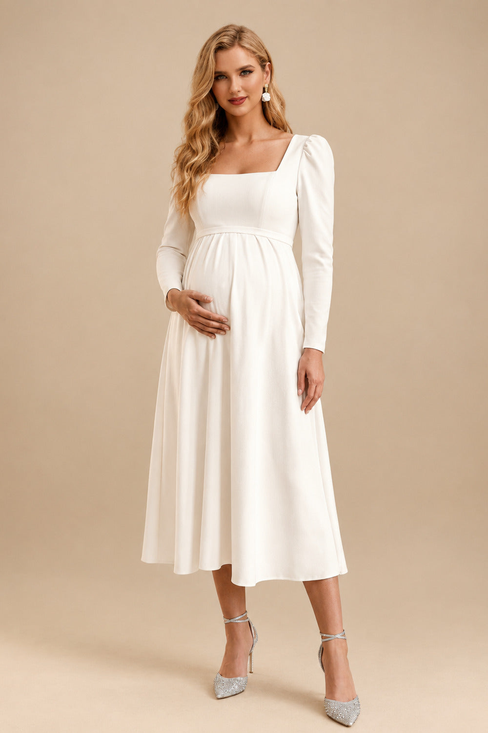 Rutipo Ivory A-Line Square Neckline Long Sleeves Tea-Length Elastic Satin Maternity Wedding Dresses
