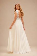 Rutipo Ivory A-Line V-Neck Cape Sleeves Floor-Length Chiffon/Lace Wedding Dresses With Appliques Lace