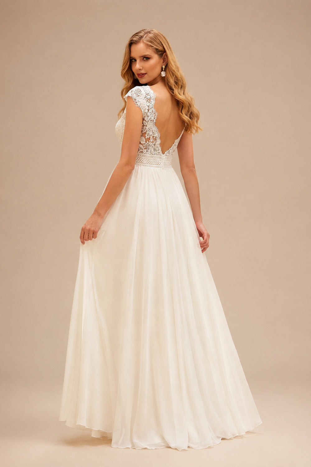 Rutipo Ivory A-Line V-Neck Cape Sleeves Floor-Length Chiffon/Lace Wedding Dresses With Appliques Lace