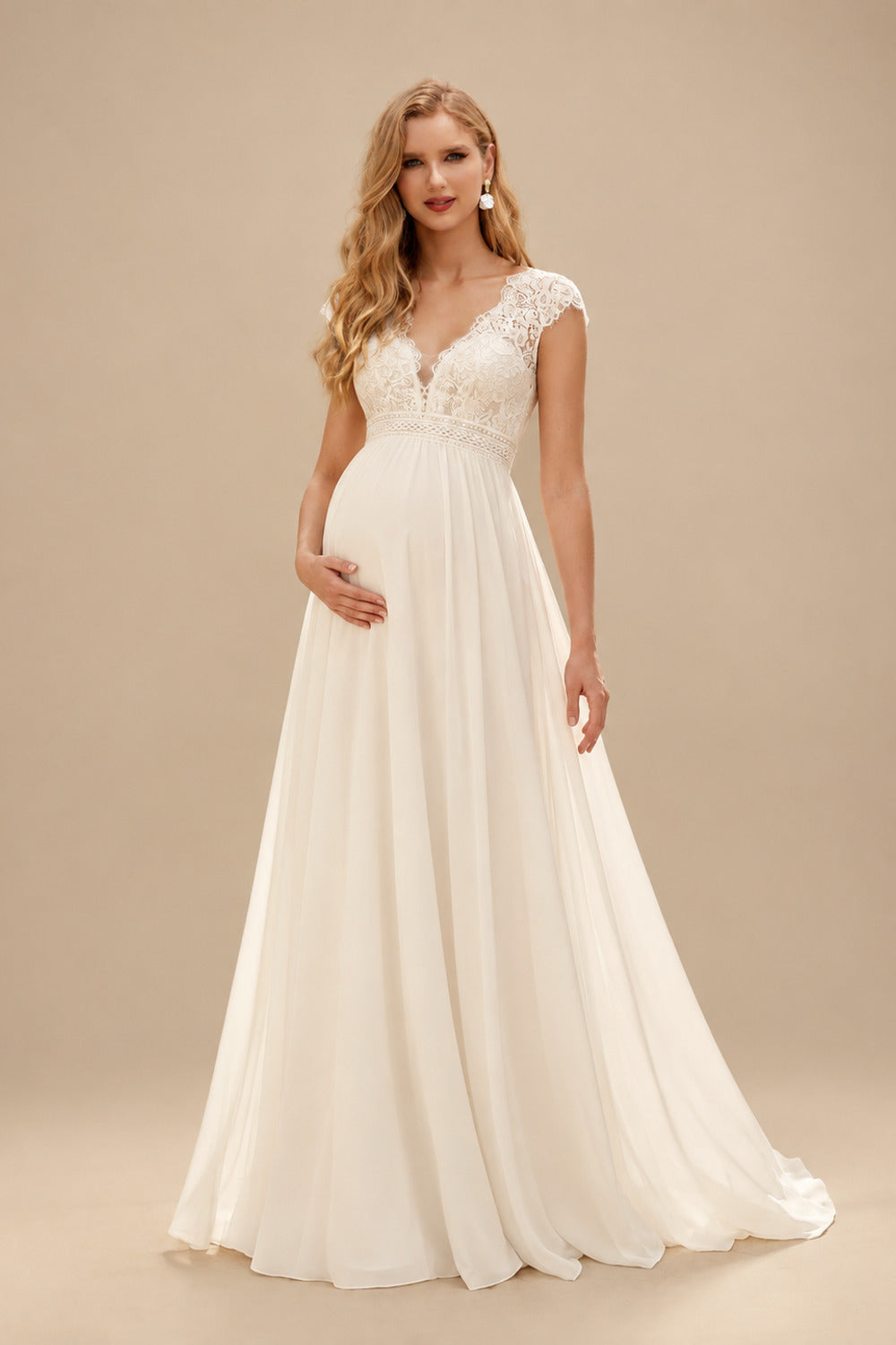 Rutipo Ivory A-Line V-Neck Cape Sleeves Floor-Length Chiffon/Lace Wedding Dresses With Appliques Lace