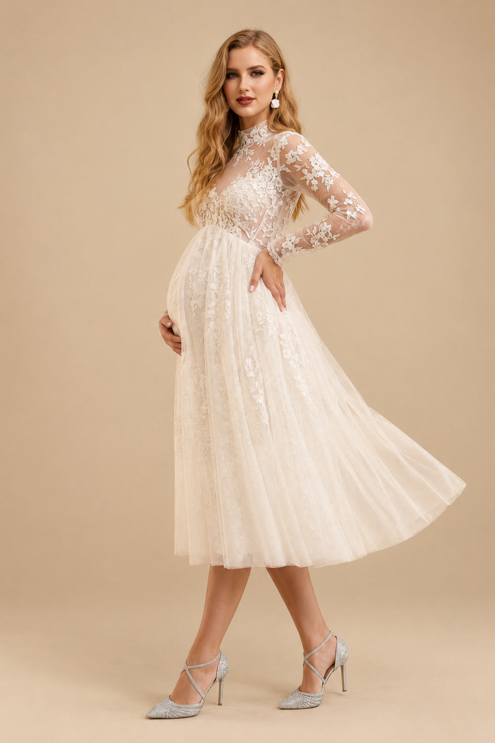 Rutipo Ivory A-Line High Neck Long Sleeves Tea-Length Lace/Tulle Maternity Wedding Dresses With Appliques Lace
