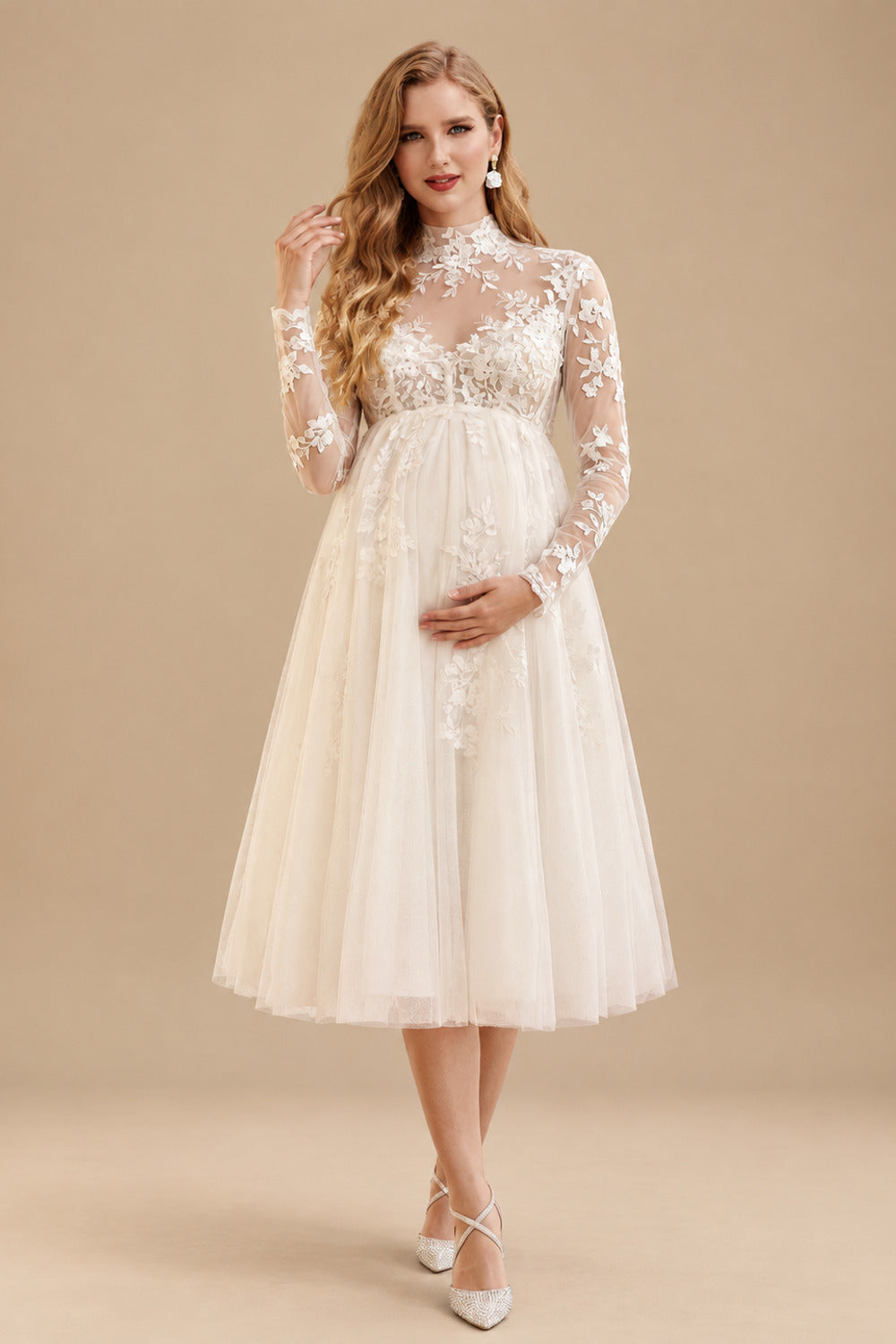 Rutipo Ivory A-Line High Neck Long Sleeves Tea-Length Lace/Tulle Maternity Wedding Dresses With Appliques Lace
