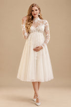 Rutipo Ivory A-Line High Neck Long Sleeves Tea-Length Lace/Tulle Maternity Wedding Dresses With Appliques Lace