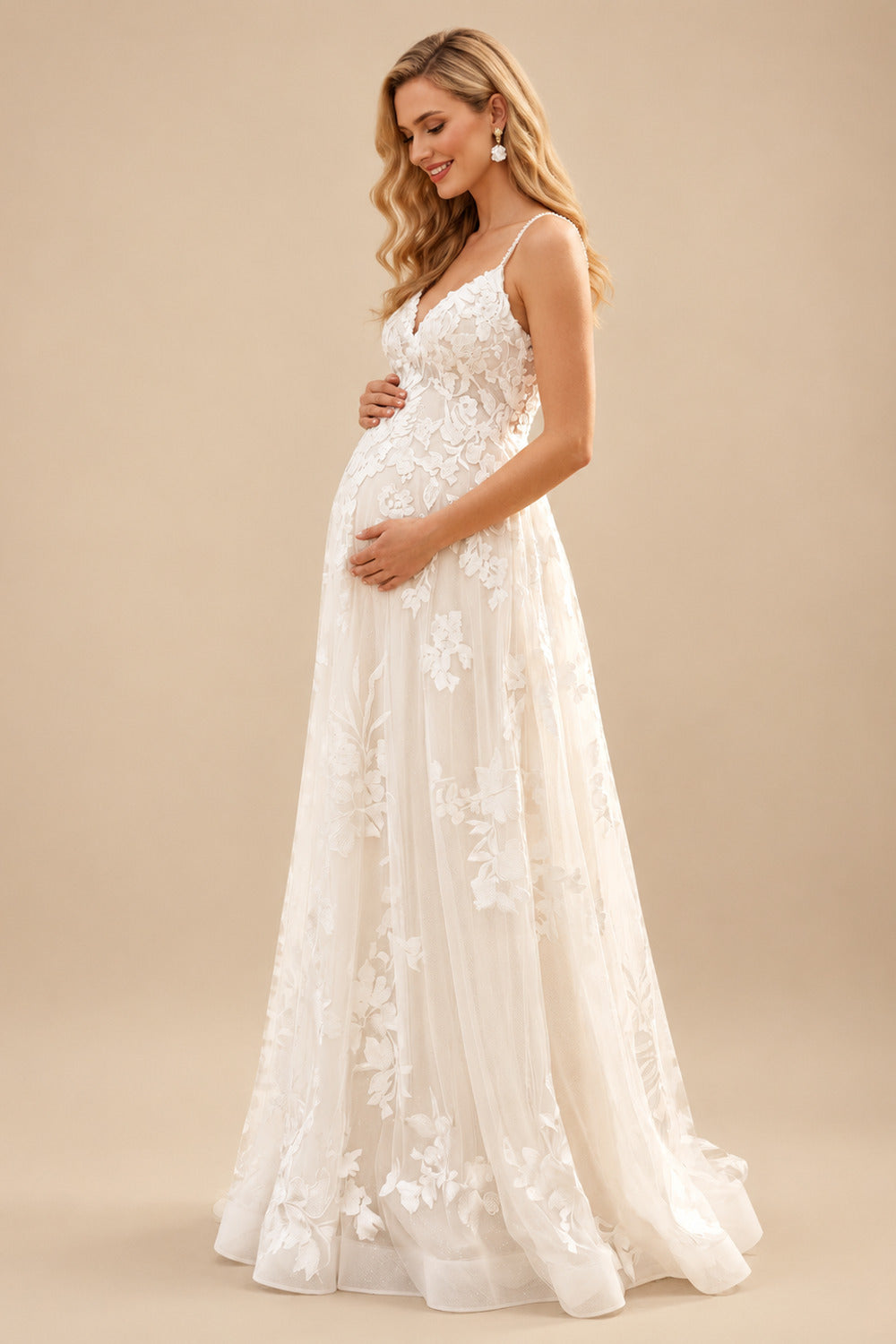 Rutipo Ivory A-Line Sweetheart Sleeveless Floor-Length Lace/Tulle Maternity Wedding Dresses With Appliques Lace