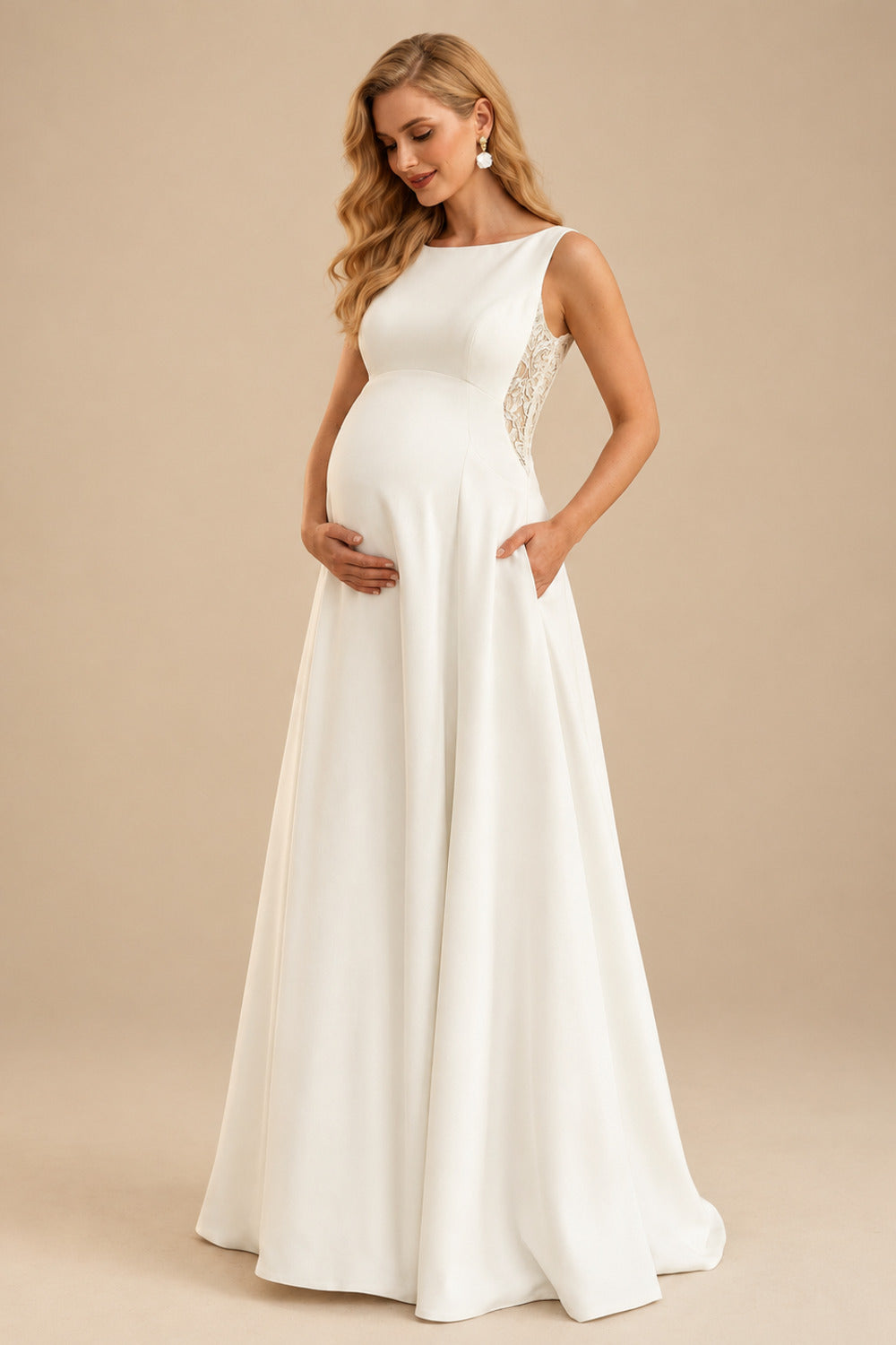 Rutipo Ivory A-Line Scoop Neck Sleeveless Floor-Length Lace/Satin Maternity Wedding Dresses With Appliques Lace