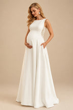 Rutipo Ivory A-Line Scoop Neck Sleeveless Floor-Length Lace/Satin Maternity Wedding Dresses With Appliques Lace