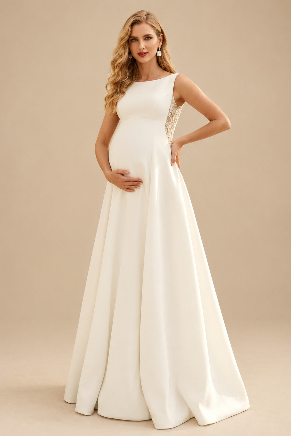 Rutipo Ivory A-Line Scoop Neck Sleeveless Floor-Length Lace/Satin Maternity Wedding Dresses With Appliques Lace