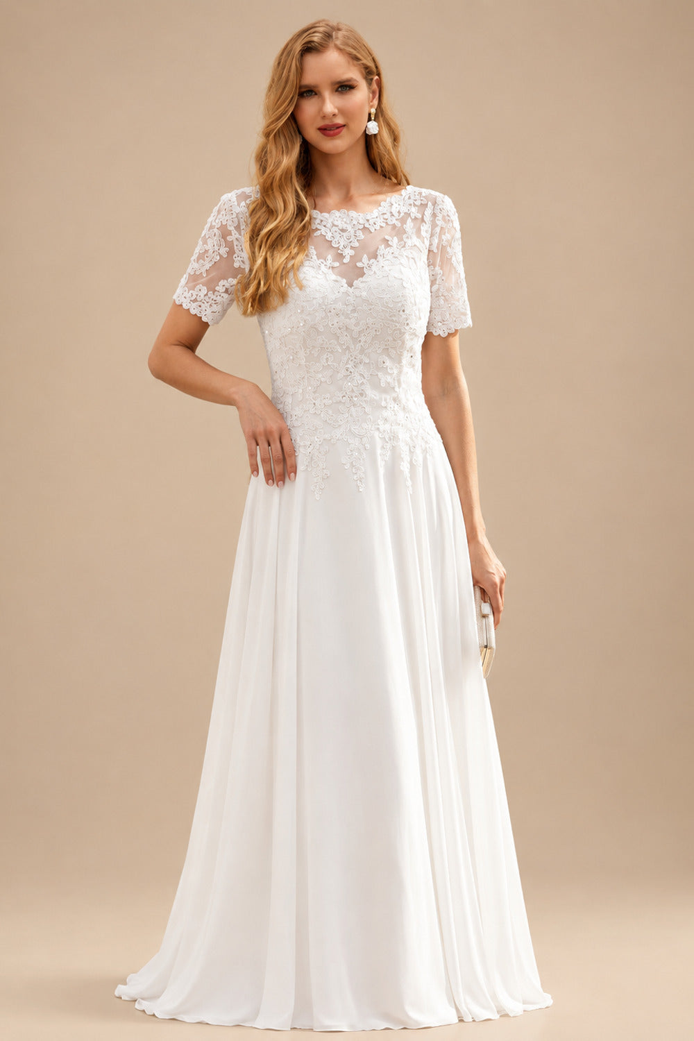 Rutipo Ivory A-Line Scoop Neck Short Sleeves Floor-Length Chiffon Wedding Dress With Lace