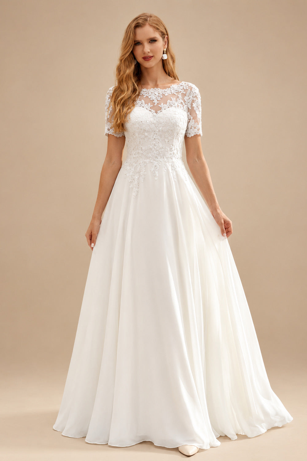 Rutipo Ivory A-Line Scoop Neck Short Sleeves Floor-Length Chiffon Wedding Dress With Lace