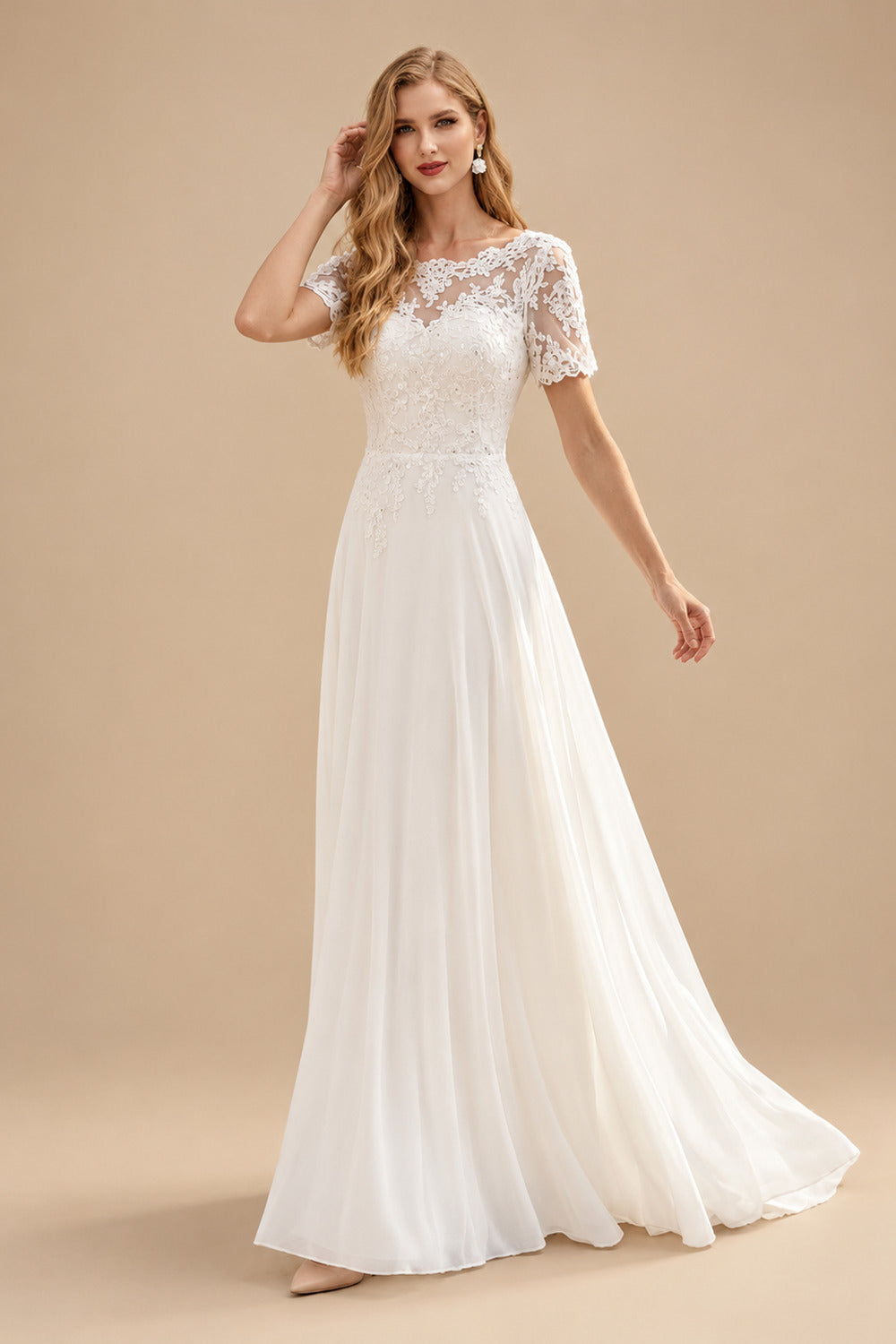 Rutipo Ivory A-Line Scoop Neck Short Sleeves Floor-Length Chiffon Wedding Dress With Lace
