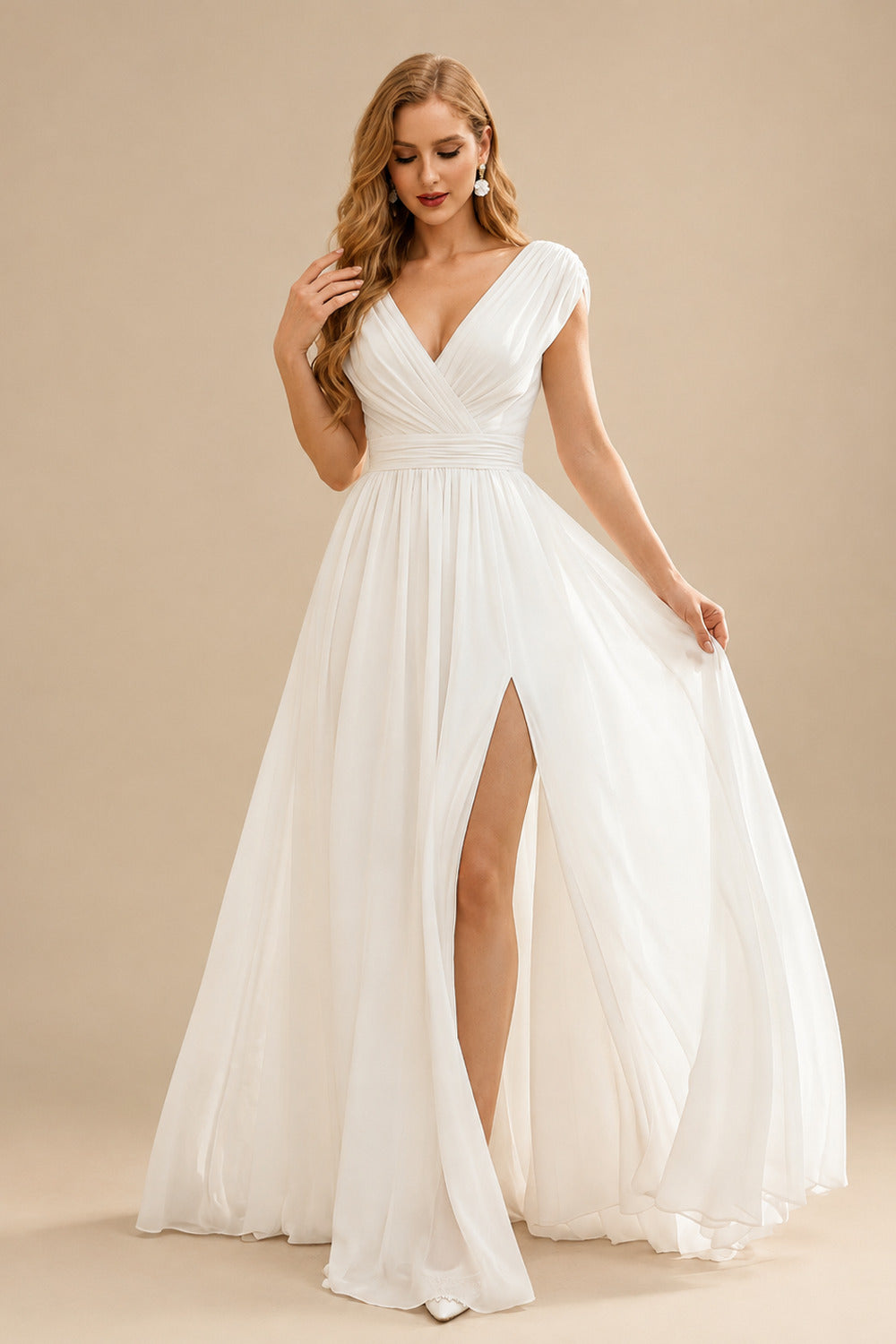 Rutipo Ivory A-Line V-Neck Sleeveless Floor-Length Chiffon Wedding Dress With Split Front/Pleated