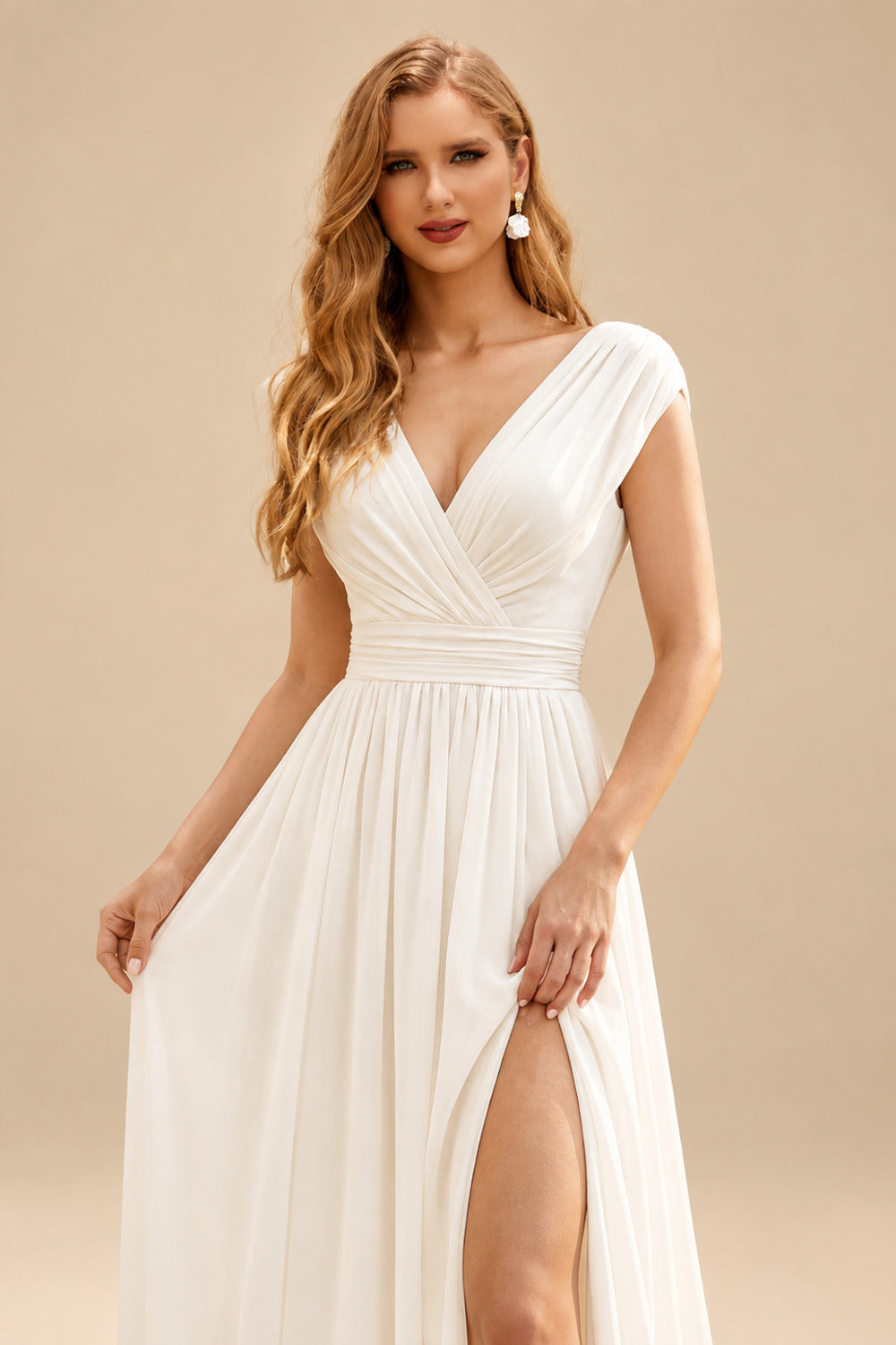 Rutipo Ivory A-Line V-Neck Sleeveless Floor-Length Chiffon Wedding Dress With Split Front/Pleated
