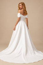 Rutipo Ivory Ball-Gown Off-The-Shoulder Sleeveless Chapel Train Matte Satin Wedding Dresses With Split Front/High Split