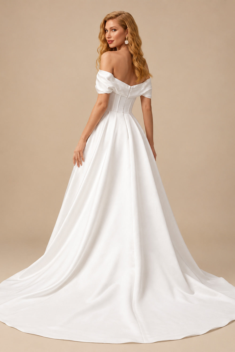 Rutipo Ivory Ball-Gown Off-The-Shoulder Sleeveless Chapel Train Matte Satin Wedding Dresses With Split Front/High Split