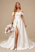 Rutipo Ivory Ball-Gown Off-The-Shoulder Sleeveless Chapel Train Matte Satin Wedding Dresses With Split Front/High Split