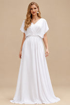 Rutipo White Ball-Gown Off-The-Shoulder Sleeveless Chapel Train Matte Satin Wedding Dresses With Split Front/High Split