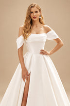 Rutipo Ivory Ball-Gown Off-The-Shoulder Sleeveless Chapel Train Matte Satin Wedding Dresses With High Split