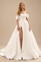 Rutipo Ivory Ball-Gown Off-The-Shoulder Sleeveless Chapel Train Matte Satin Wedding Dresses With High Split