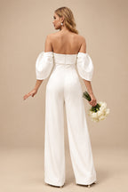 Rutipo Ivory Jumpsuit/Pantsuit Off-The-Shoulder Sleeveless Floor-Length Satin Wedding Dresses