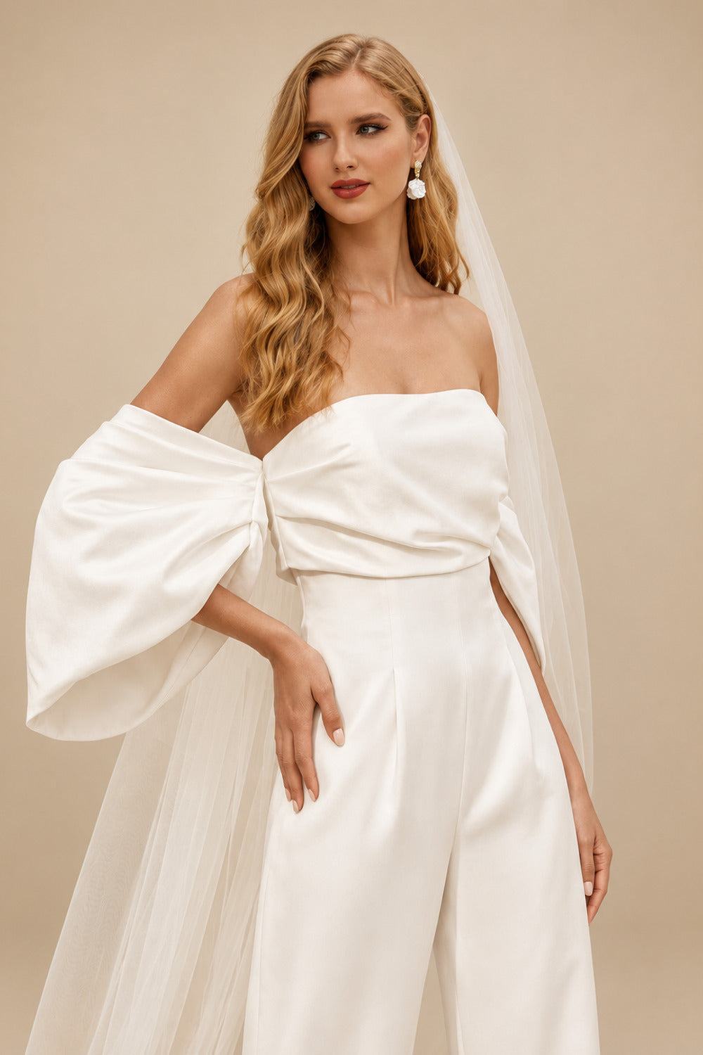Rutipo Ivory Jumpsuit/Pantsuit Off-The-Shoulder Sleeveless Floor-Length Satin Wedding Dresses