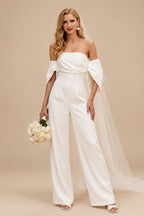 Rutipo Ivory Jumpsuit/Pantsuit Off-The-Shoulder Sleeveless Floor-Length Satin Wedding Dresses