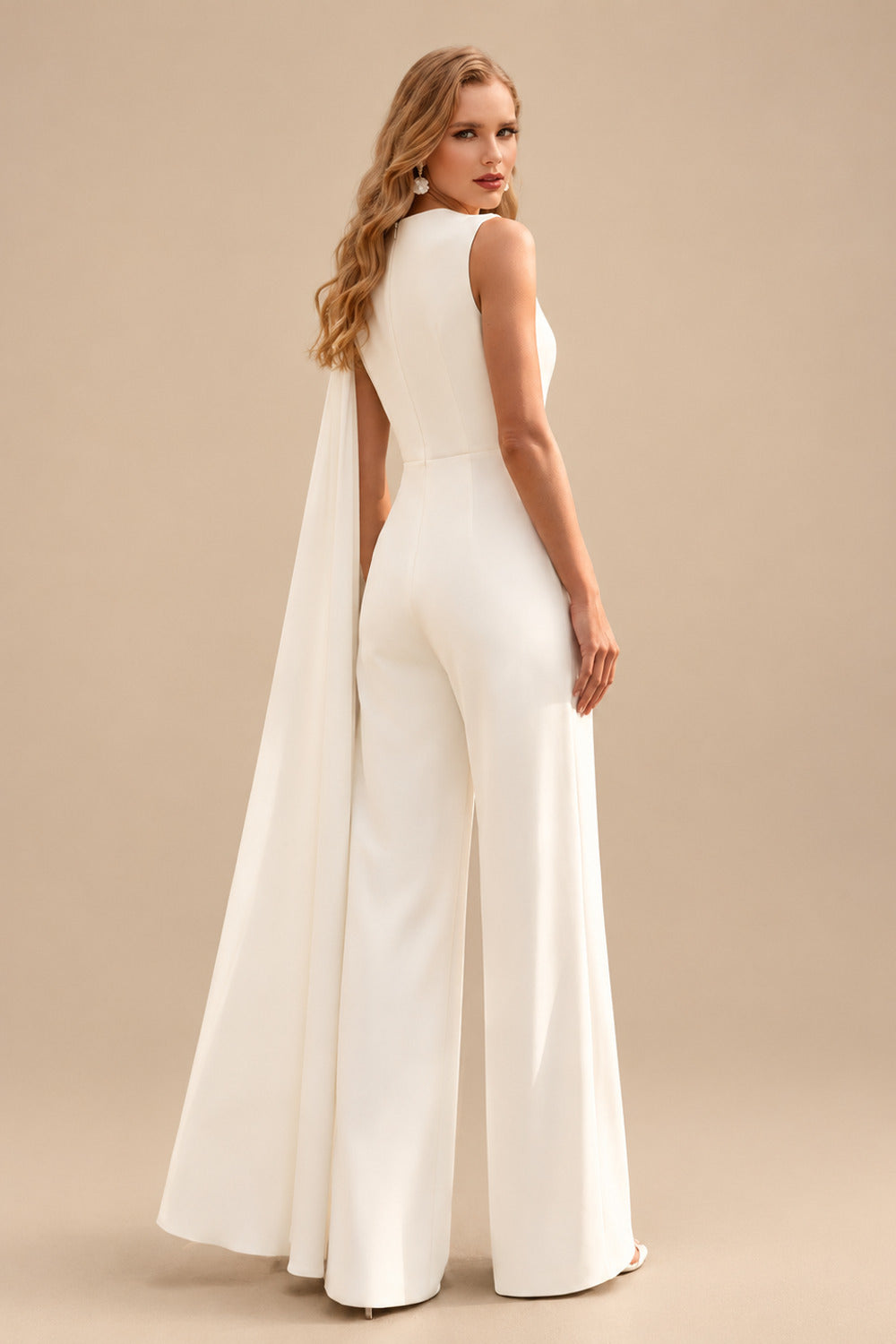 Rutipo Ivory Jumpsuit/Pantsuit Asymmetrical Floor-Length Elastic Satin Wedding Dresses With Sweeping Side Drape