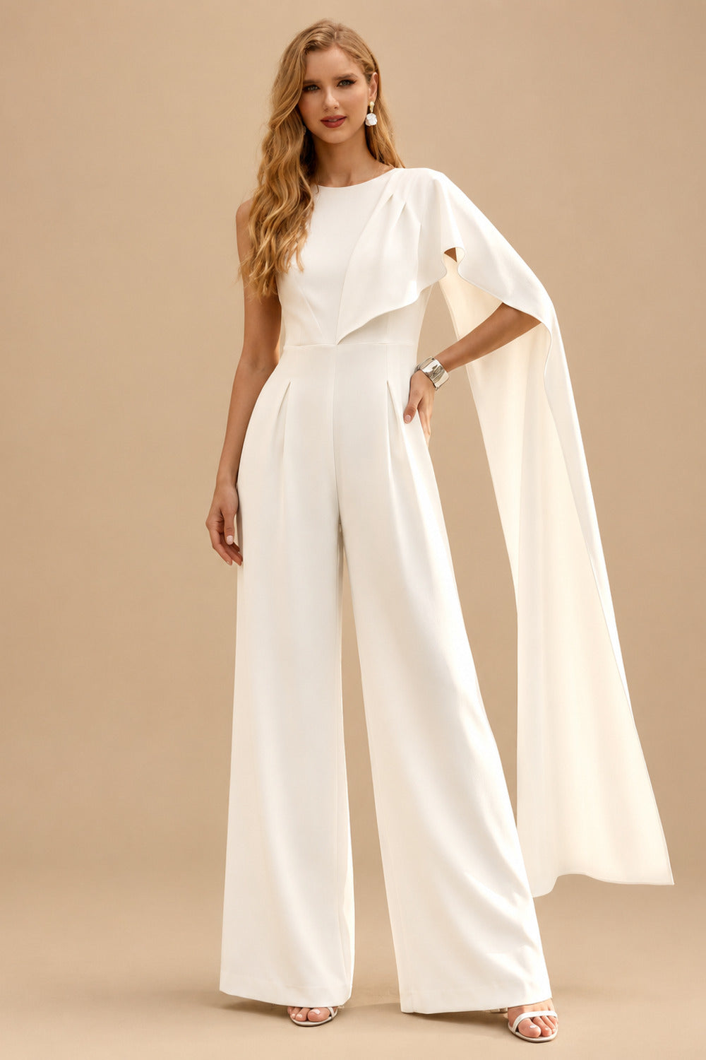 Rutipo Ivory Jumpsuit/Pantsuit Asymmetrical Floor-Length Elastic Satin Wedding Dresses With Sweeping Side Drape