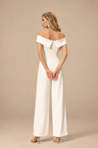 Rutipo Ivory Jumpsuit/Pantsuit Off-The-Shoulder Sleeveless Floor-Length Elastic Satin Wedding Dresses