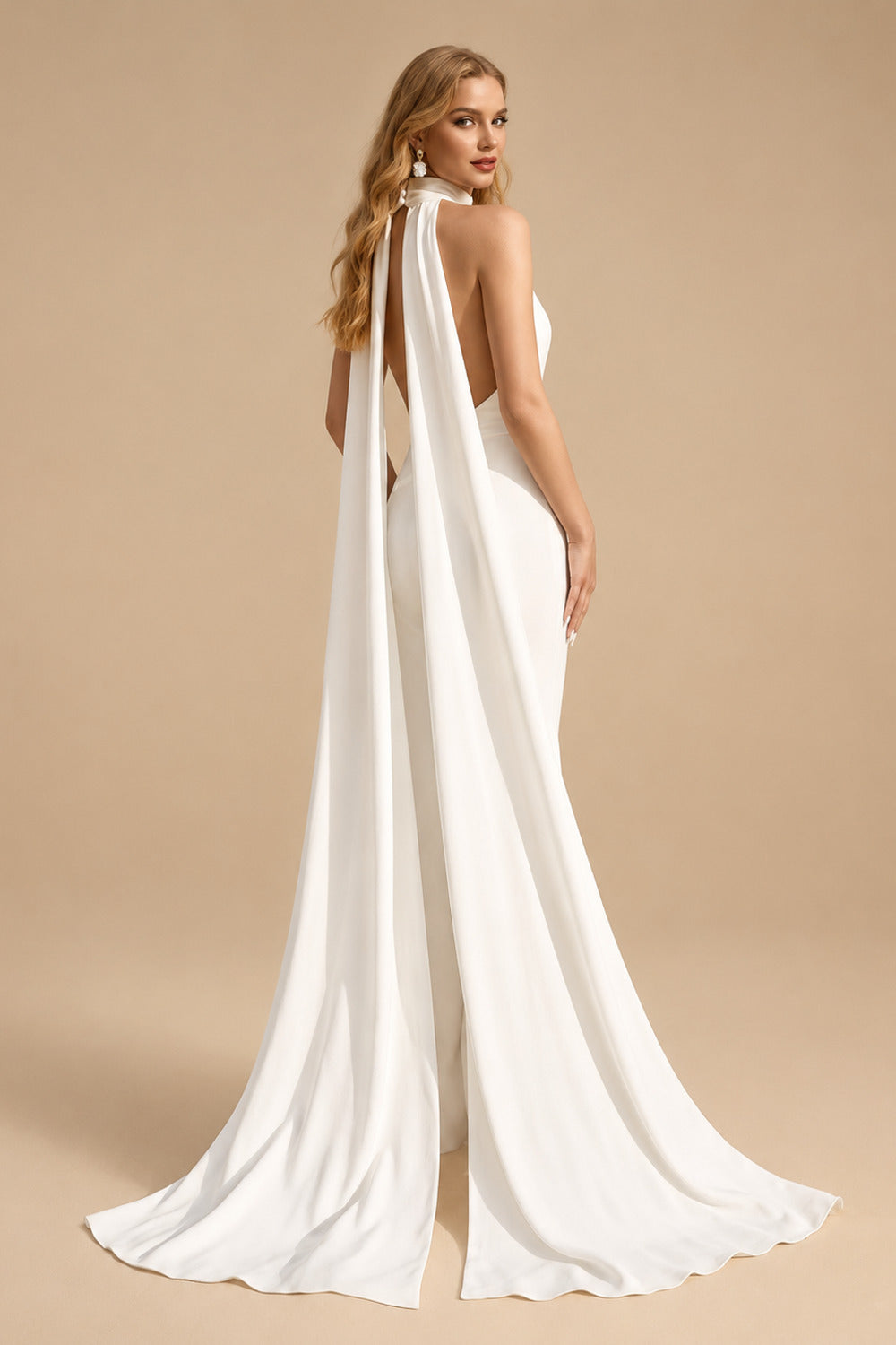 Rutipo Ivory Jumpsuit/Pantsuit Halter Sleeveless Floor-Length Elastic Satin Wedding Dresses With Sash
