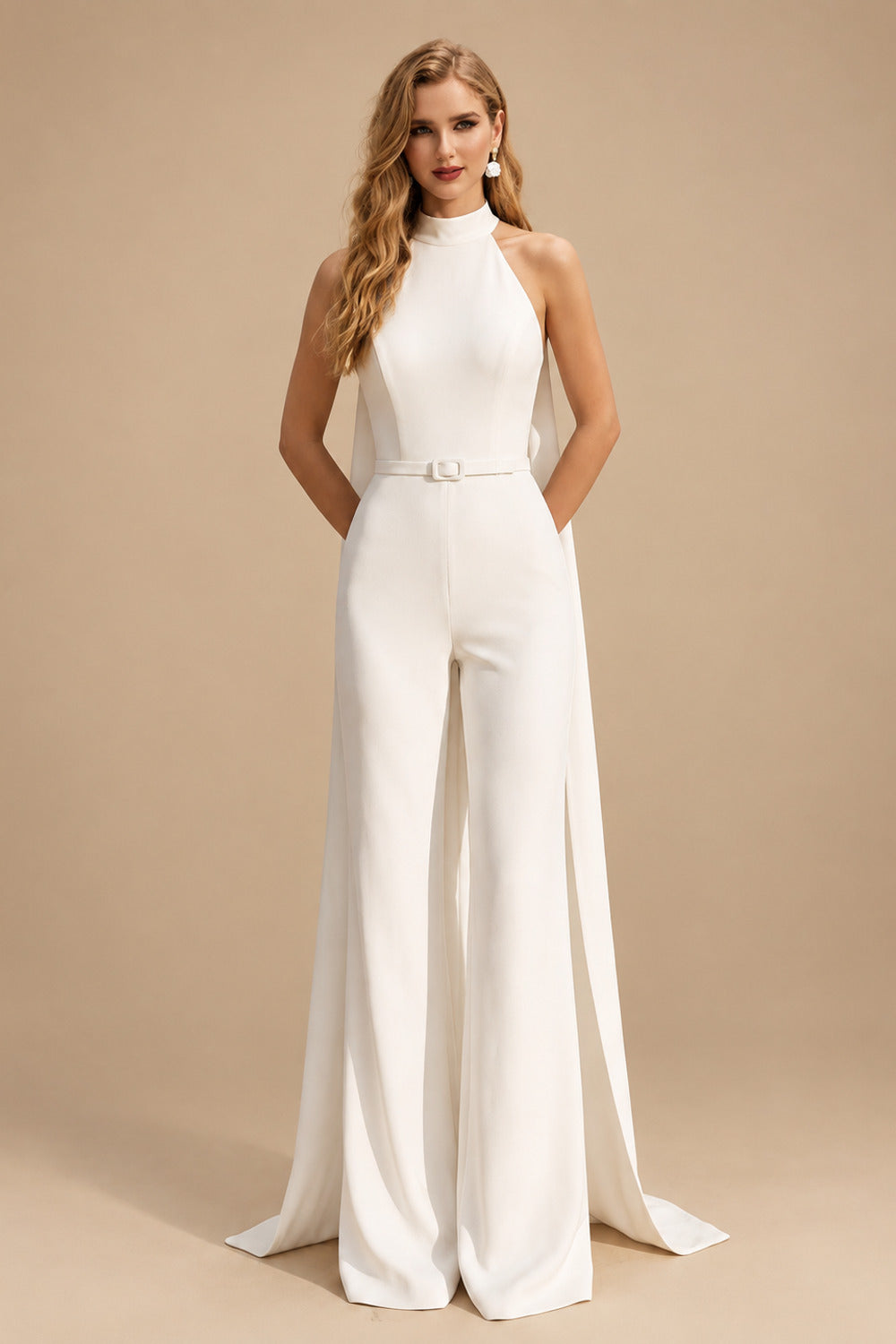 Rutipo Ivory Jumpsuit/Pantsuit Halter Sleeveless Floor-Length Elastic Satin Wedding Dresses With Sash