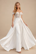 Rutipo Ivory Jumpsuit/Pantsuit Off-The-Shoulder Sleeveless Court Train Tulle/Crepe Satin Wedding Dresses With Appliques Lace